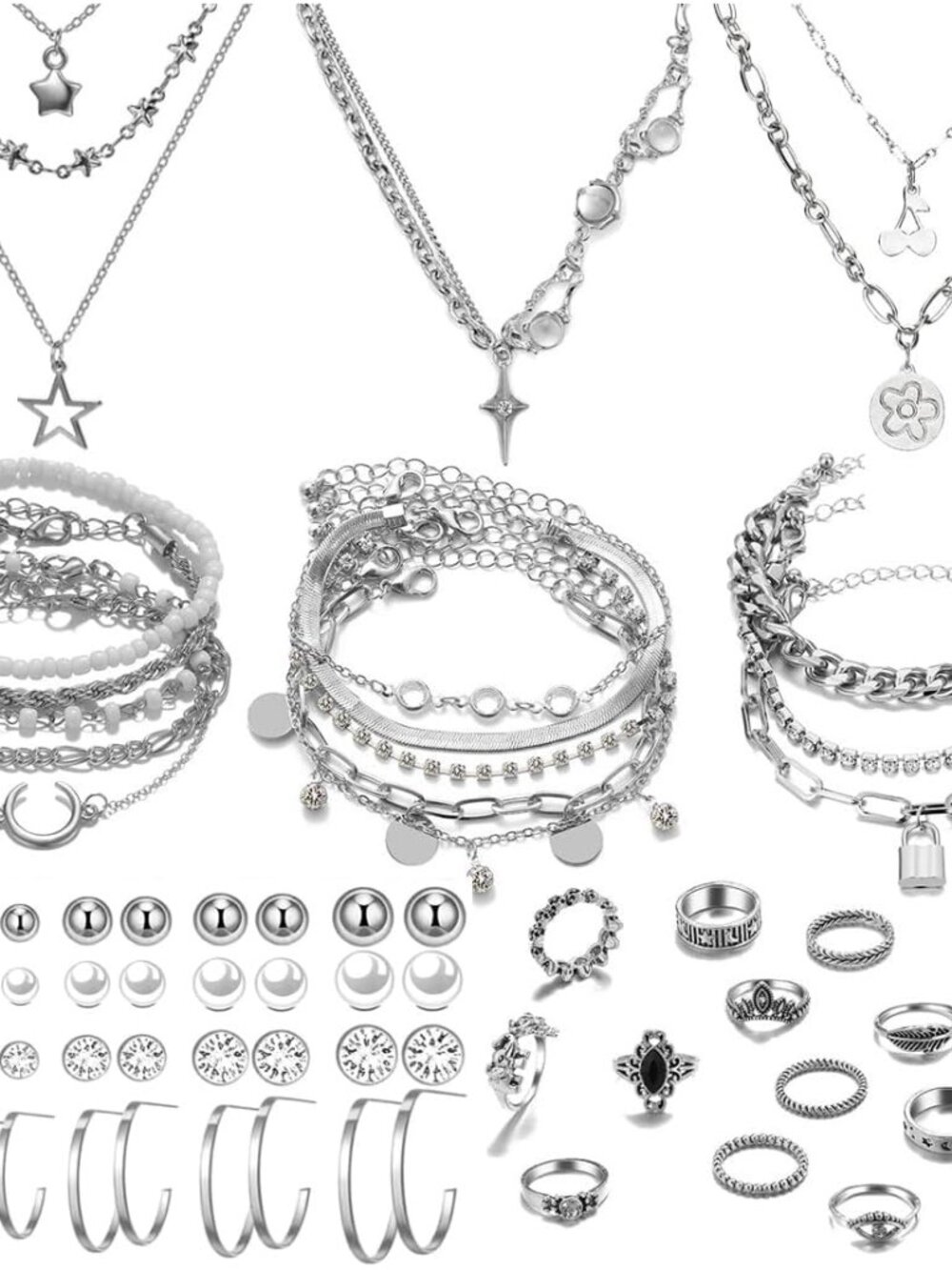 37pcs Silver Jewelry Set With 3 PCS Necklace, 14 PCS Bracelet, 7 PCS Ear Cuffs E
